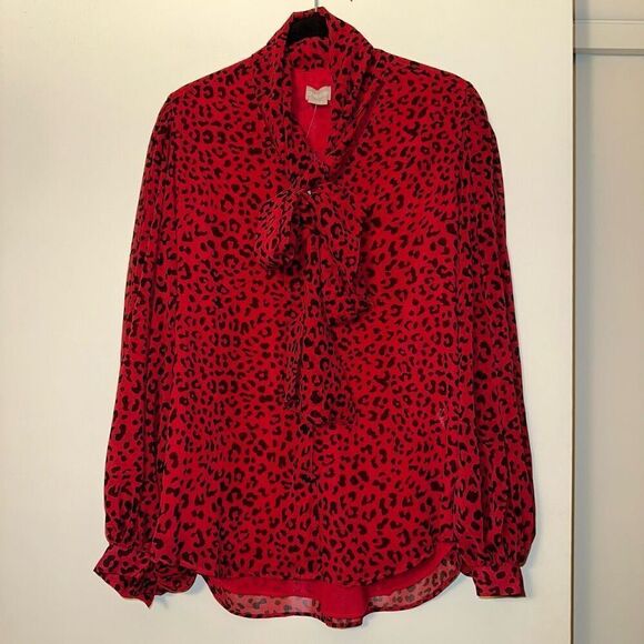 Chicos Women’s Bow Button Blouse Red Black Size 0 (Small) NWT - Picture 1 of 13